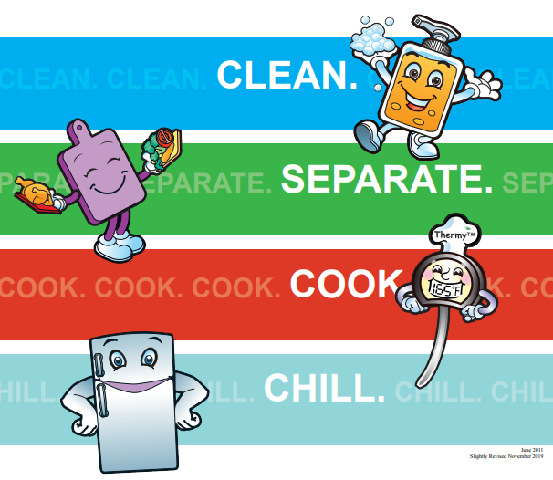 Food Safety Activity Book cover image with four food safety steps, clean, separate, cook, chill, and cartoon images for each