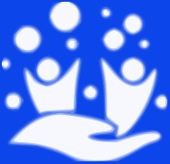 Icon of two people in a palm with bubbles above them in white on a blue background