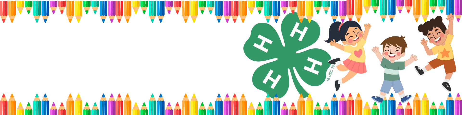 Three cartoon children jumping joyfully next to the 4-H Clover with a colorful pencil border.