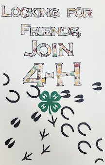Promotional poster. "Looking For Friends, Join 4-H" in block letters featuring a rainbow paw print pattern. Below, animal tracks lead to the 4-H clover.