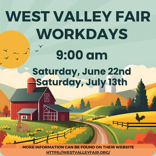 "West Valley Fair Workdays" information over an illustration of a country farm in the hills