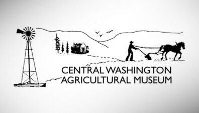 Central Washington Agricultural Museum logo with line drawings of a farm with windmill and horse-drawn plough