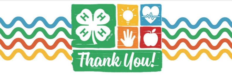 4-H clover and icons over a background of colorful wavy lines and the text "Thank You!" below