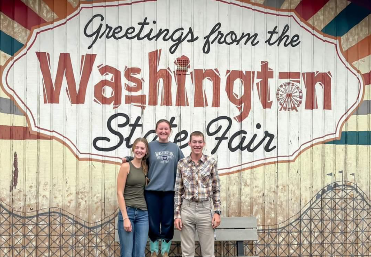 Three youth standing in front of a painted wall that reads "Greetings from the Washington State Fair"