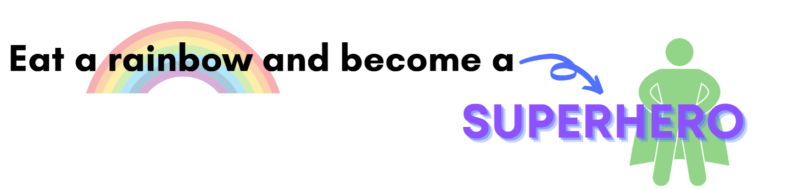 Title "Eat a rainbow and become a superhero" with an arched rainbow behind the word and a green person figure in a cape behind the word "superhero."