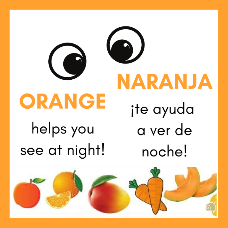 Orange frame and orange fruits and vegetables with the phrase "Orange helps you see at night!" in English and Spanish.