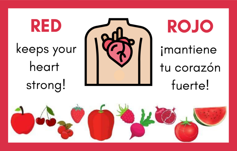 Red frame and red fruits and vegetables with the phrase "Red keeps your heart strong" in English and Spanish.