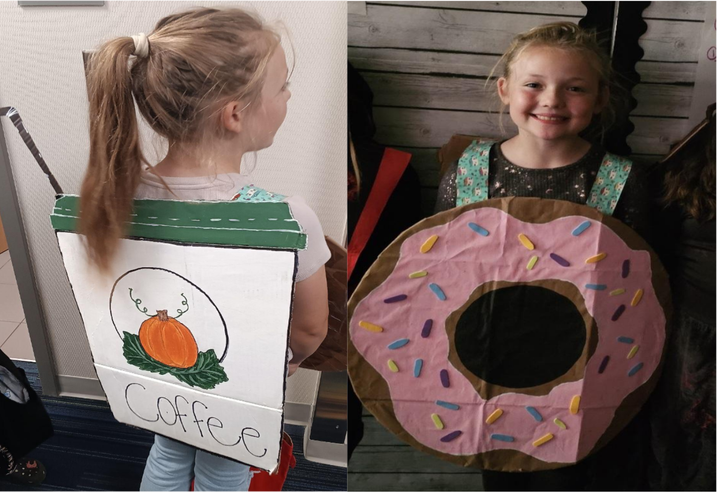 A young girl wearing a sandwich-board style costume.  On her back is a paper coffee cup with a green lid and a pumpkin on the center with the word "Coffee" below.  On her front is a pink frosted doughnut with sprinkles.