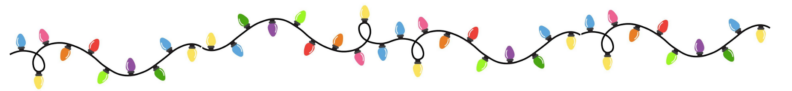 Decorative illustrated border of a curving strand of multicolor holiday lights