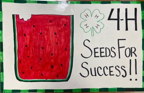 Hand drawn poster of a giant watermelon slice with a bite taken out of the top left. 4-H clover emblem drawn next to the phrase 4-H Seeds for Success!!