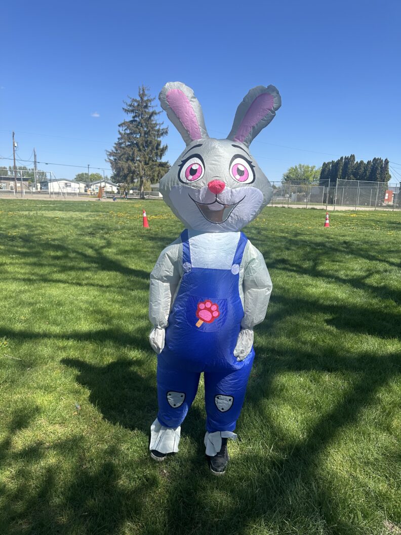 Person wearing an inflatable bunny costume with pink ears and eyes and blue overalls on.