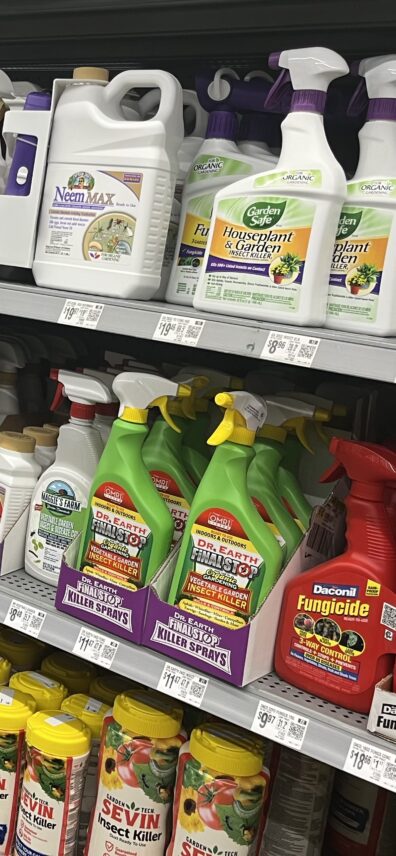 Pesticide products on store shelf.