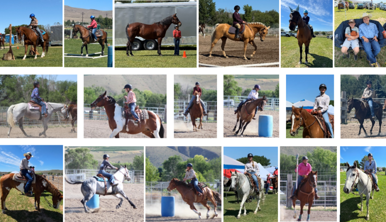 Collage of 18 pictures with multiple youth members riding horses wearing helmets while attending the Sagebrush Riders 4-H annual horse show.