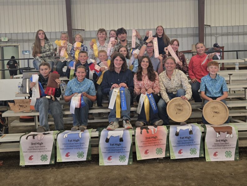 Group of youth members ranging from ages 5 to 18 sitting on bleachers smiling for the photo while holding up their ribbons and awards earned from participating in the Washington State 4-H Livestock Judging Contest.