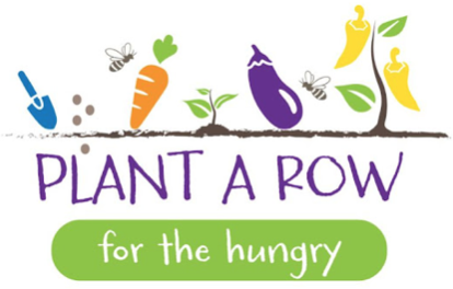 Artistic logo with colorful garden tops and plants above a title: "Plant A Row for the hungry"
