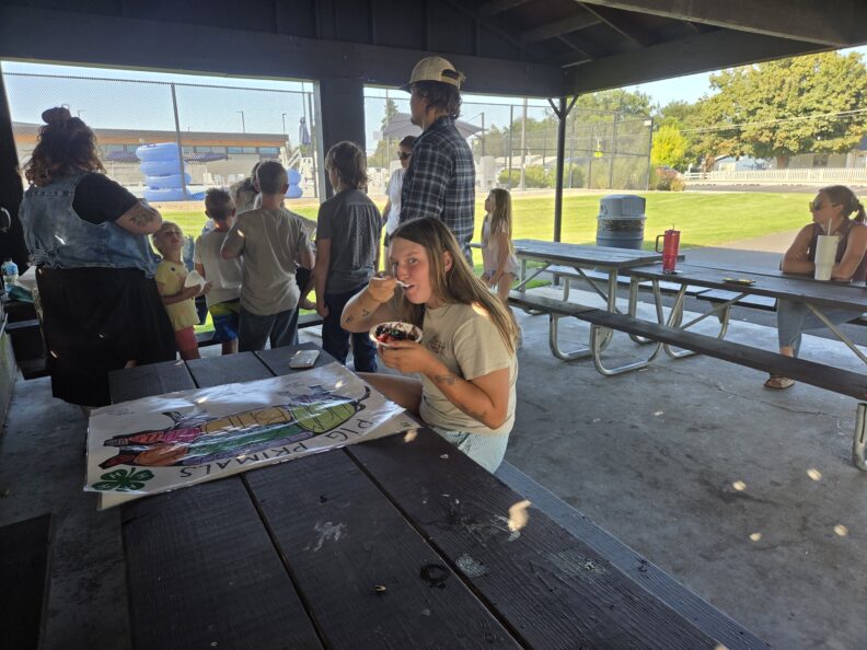 A teenage female looking at the camera with a spoon in her mouth while eating ice cream, sitting at a park picnic table.