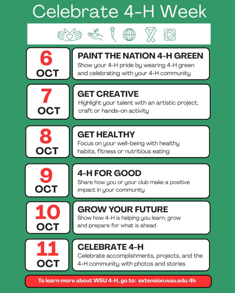 6 days of celebrating National 4-H Week
October 6th Wear Green
October 7th Highlight your talent by creating something
October 8th Do something 'healthy' for your well-being
October 9th Share how you or your club make a positive impact in your community
October 10th Show how 4-H is preparing you for your future
October 11th Celebrate 4-H by sharing photos and stories