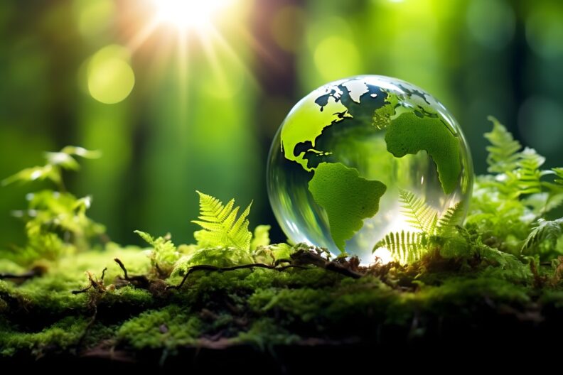 Image of a glass globe on a bed of ferns, all backlit with sunshine