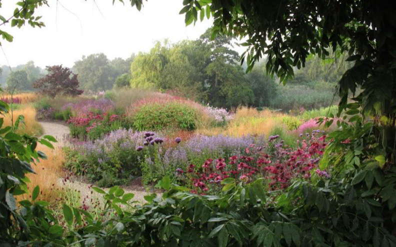 View of one of Oudolf's garden areas, showing multiple colors along a winding path. 