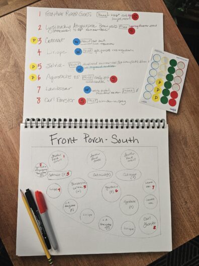 Open spiral notebook. Pages show garden sketches and plant lists.