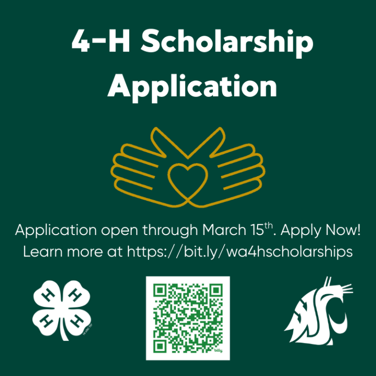 4-H Scholarship Application open through March 15th. With a link and QR code to apply online.