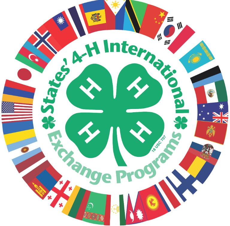 States 4-H International Exchange Program Logo with many different country flags lined up in the form of a circle with a green 4-H clover in the center.