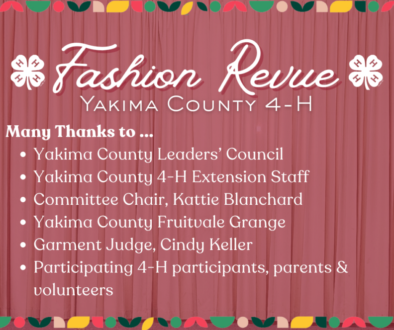 Yakima County 4-H Fashion Revue slide with red curtain background listing thank-you acknowledgments to organizers, judges, and participants.
