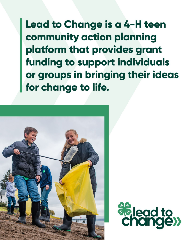 Lead to Change is a 4-H Teen community action planning platform that provides grant funding to support individuals or groups in bringing their ideas for change to life.