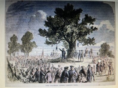 Colorized drawing of a large Elm tree with a large group of colonists gathered under and around it.