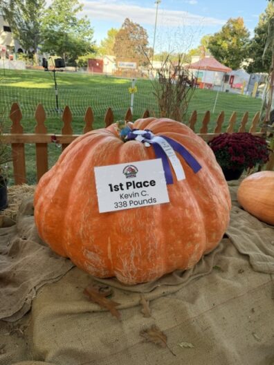 First place pumpkin at the 2026 Central Washington State Fair. Adorned with blue ribbon and 1st Place tag for Kevin C. - 338 pounds.