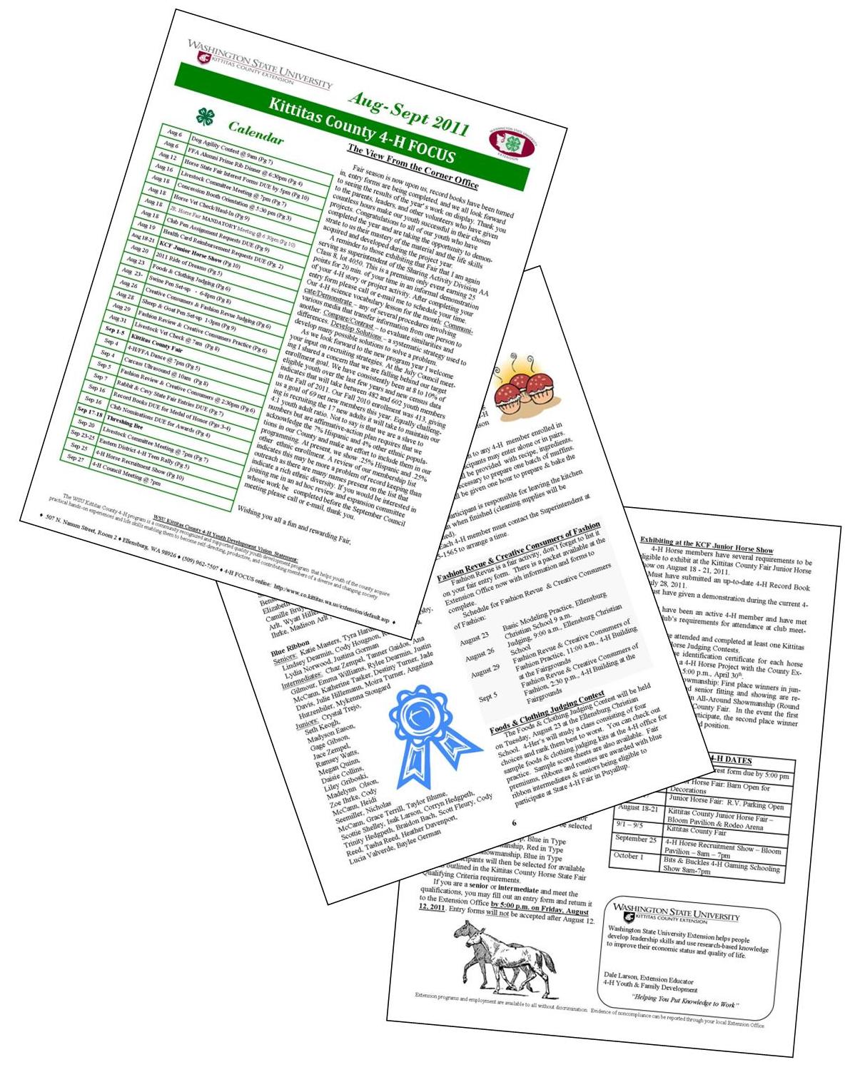 Three newsletter pages arranged artistically at a diagonal