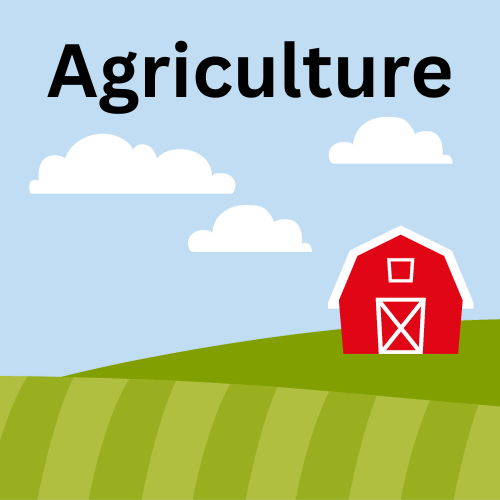 Cartoon red barn in a green field against a blue sky with clouds. Title "Agriculture" in black