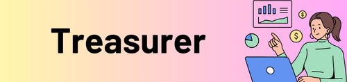 Title "Treasurer" in black on a left-to-right gradient yellow and pink background. At right, a cartoon person in front of a laptop pointing to charts and graphs