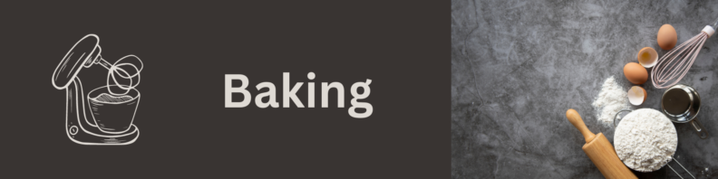 Line art of a stand mixer on the left. Title "Baking" at center. An image of a rolling pin, flour, eggs, a measuring cup, and a whisk at right.