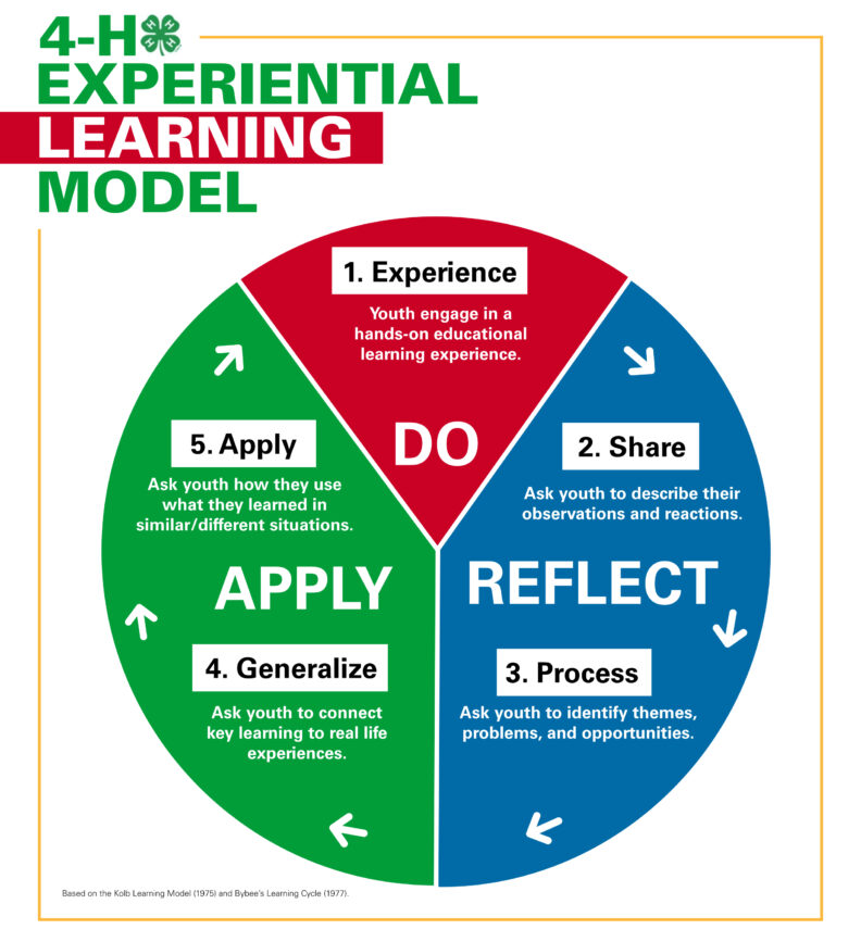 Visual representation of the 4-H Experiential Learning Model divided into three sections:   Do, Reflect, Apply