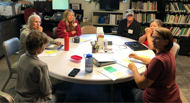 Six individuals around a round table conferring with their resources and each other.