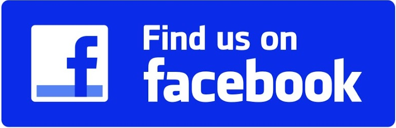 Find us on Facebook blue icon with white text and the facebook logo at left