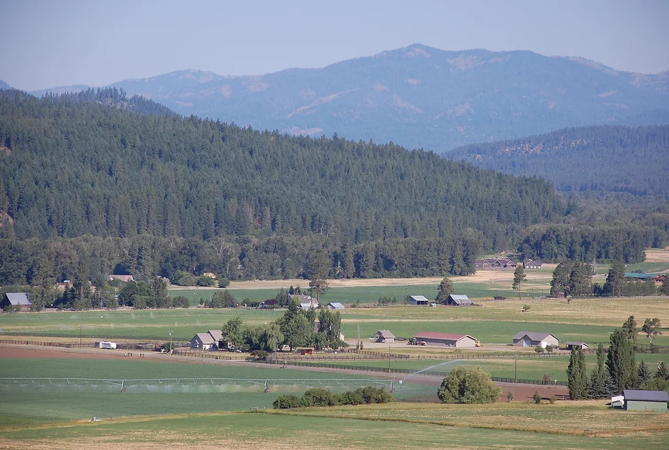 Landscape of farms in a valley surrounded by tree covered hills