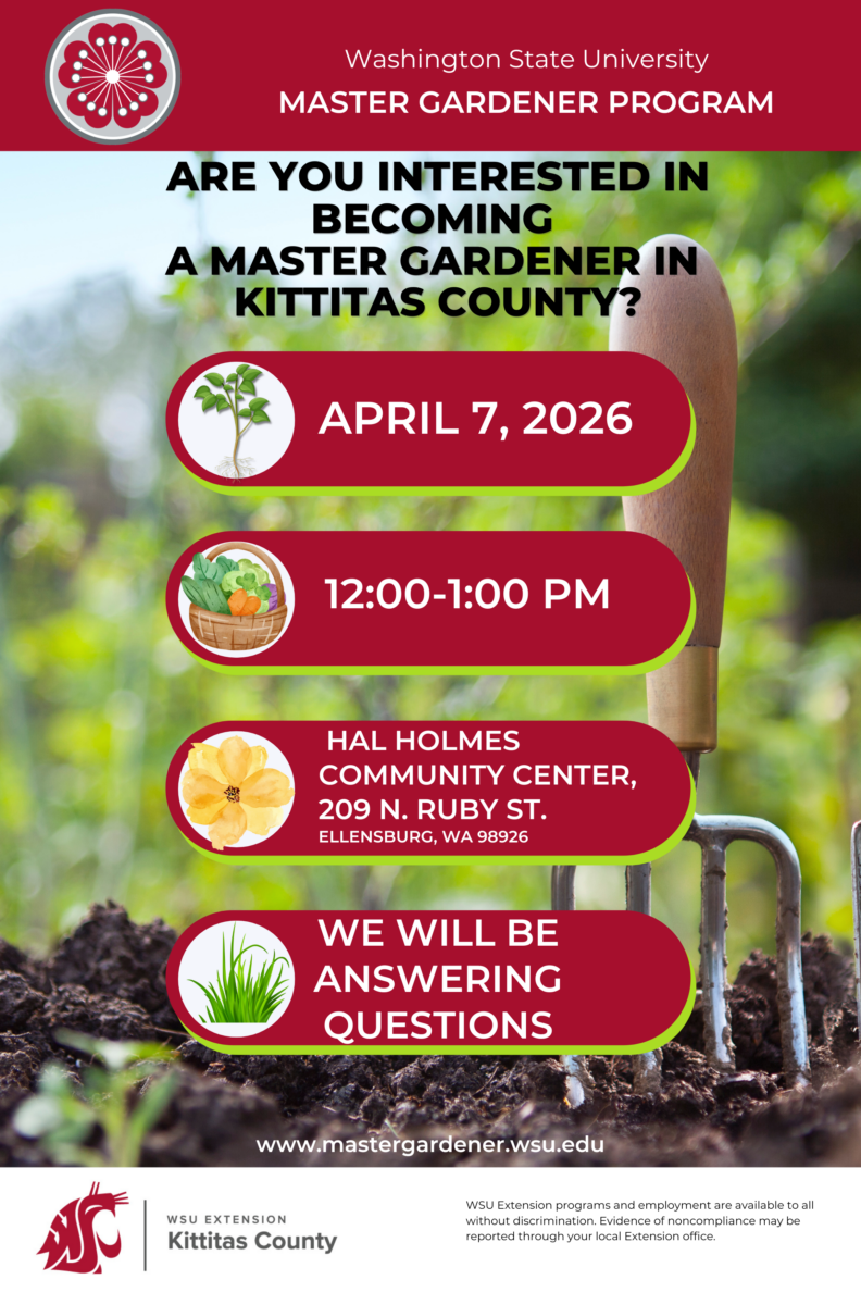 Flyer with information about the Becoming a Master Gardener workshop to be held April 7, 2026 from 12-1:00 p.m. at the Hal Holmes Center in Ellensburg.