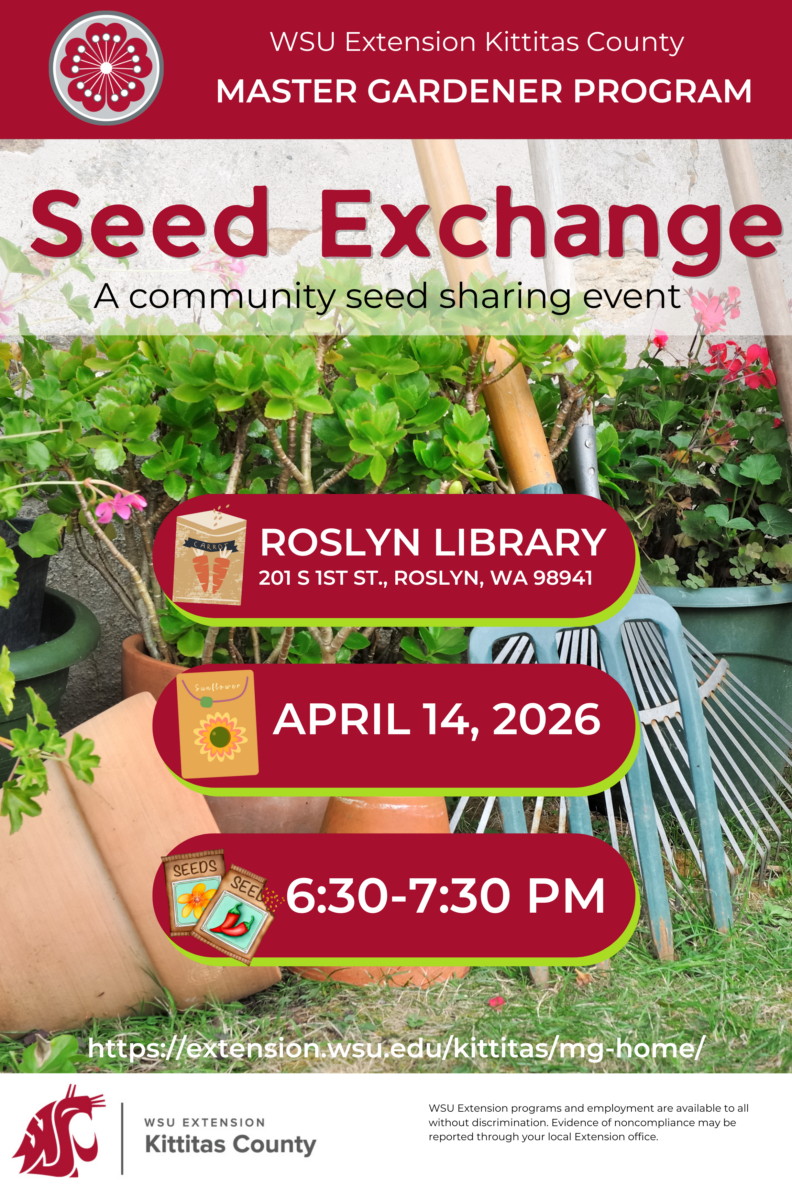 Flyer for the Master Gardener Seed Exchange event on April 14, 2026 at the Roslyn Library from 6:30-7:30 p.m. 