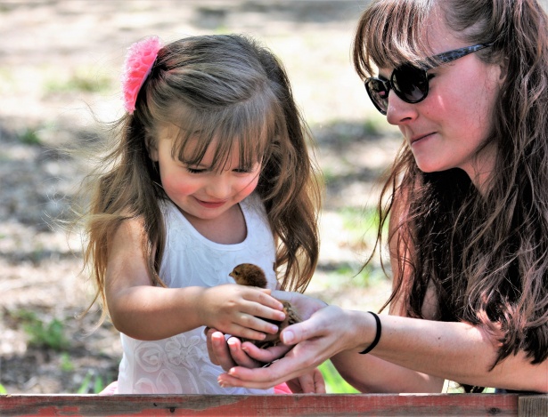 Girl petting chick
