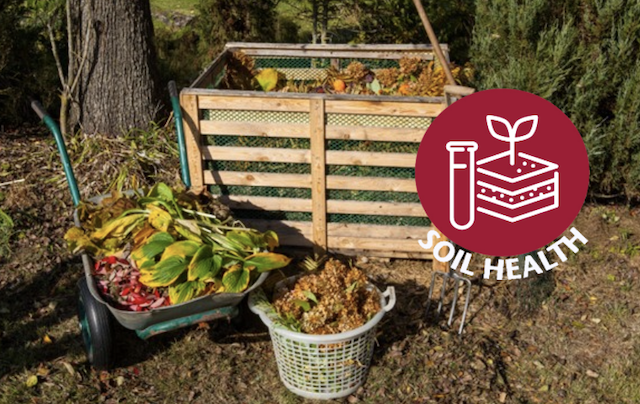 Wheelbarrow, basket & composting bin with Soil Health spirit mark