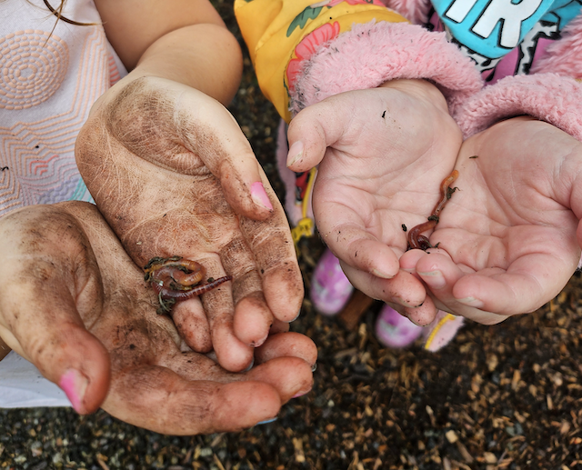 Kids holding worms
