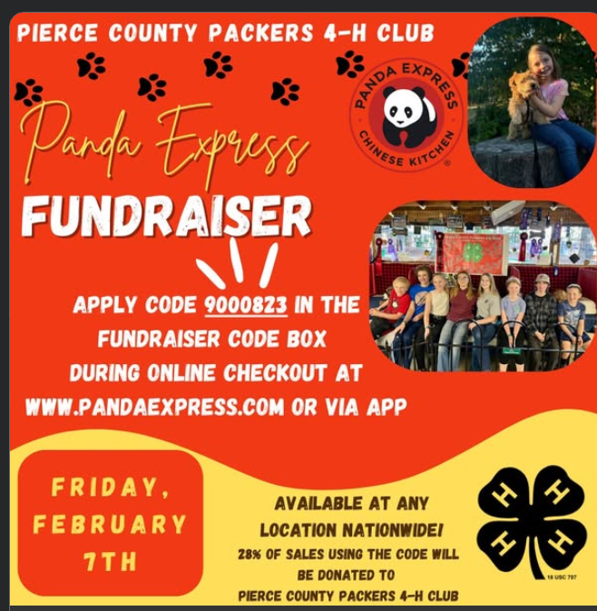 Flyer with information for a Panda Express fundraiser for Pierce Count Packers 4-H Club.