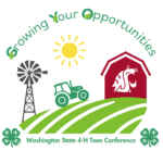 A logo "Growing your Opportunities" for the WA state 4-H Teen Conference.