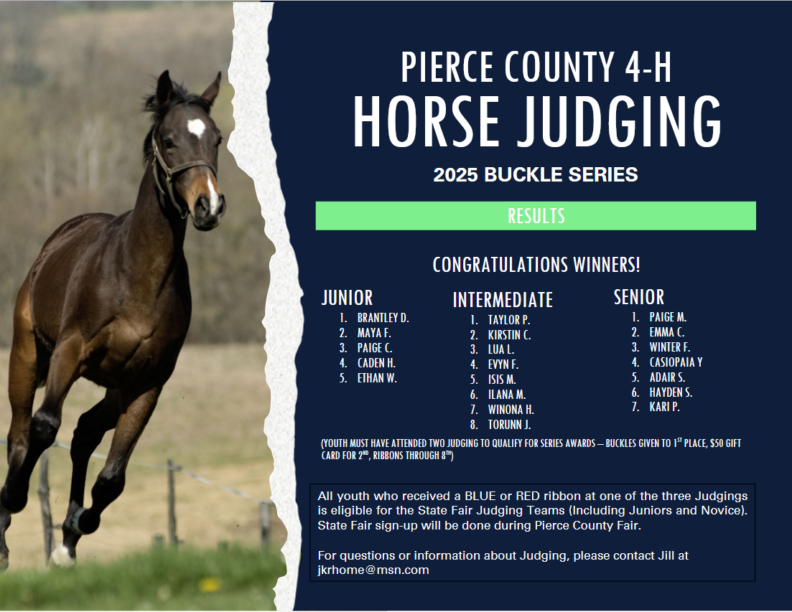 Congrats to Pierce County 4-H Horse Judging Buckle Series