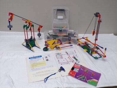 K'Nex Levers and Pulleys stem kit contents with picture of assembled projects on guides