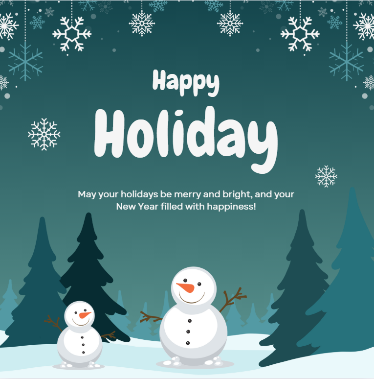 Happy Holiday Greeting with snowman and snowflakes