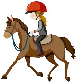 Young lady wearing helmet or rider riding a horse cartoon isolated 