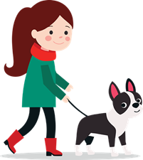 cartoon image of a Girl walking a Boston Terrier dog